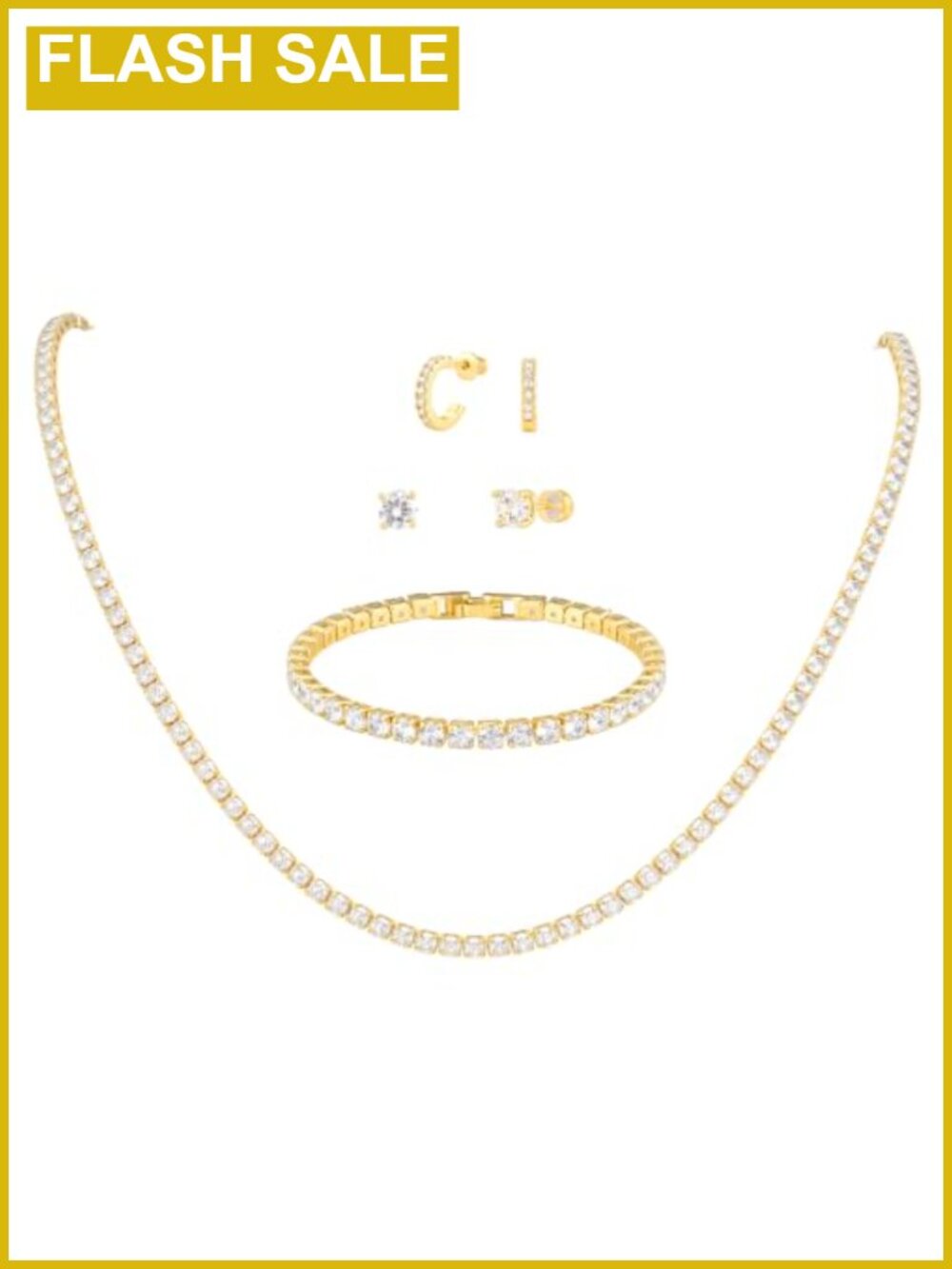 18K Gold Plated 4PC Jewelry Set Tennis Bracelet Necklace Earrings